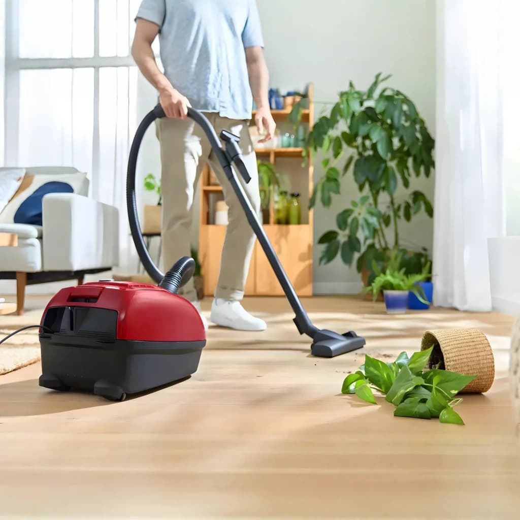 Aspirateur avec sac Bosch Série 4 Rouge 600W BGD38RD1H, en cours d'utilisation: homme aspire parquet avec pot renversé