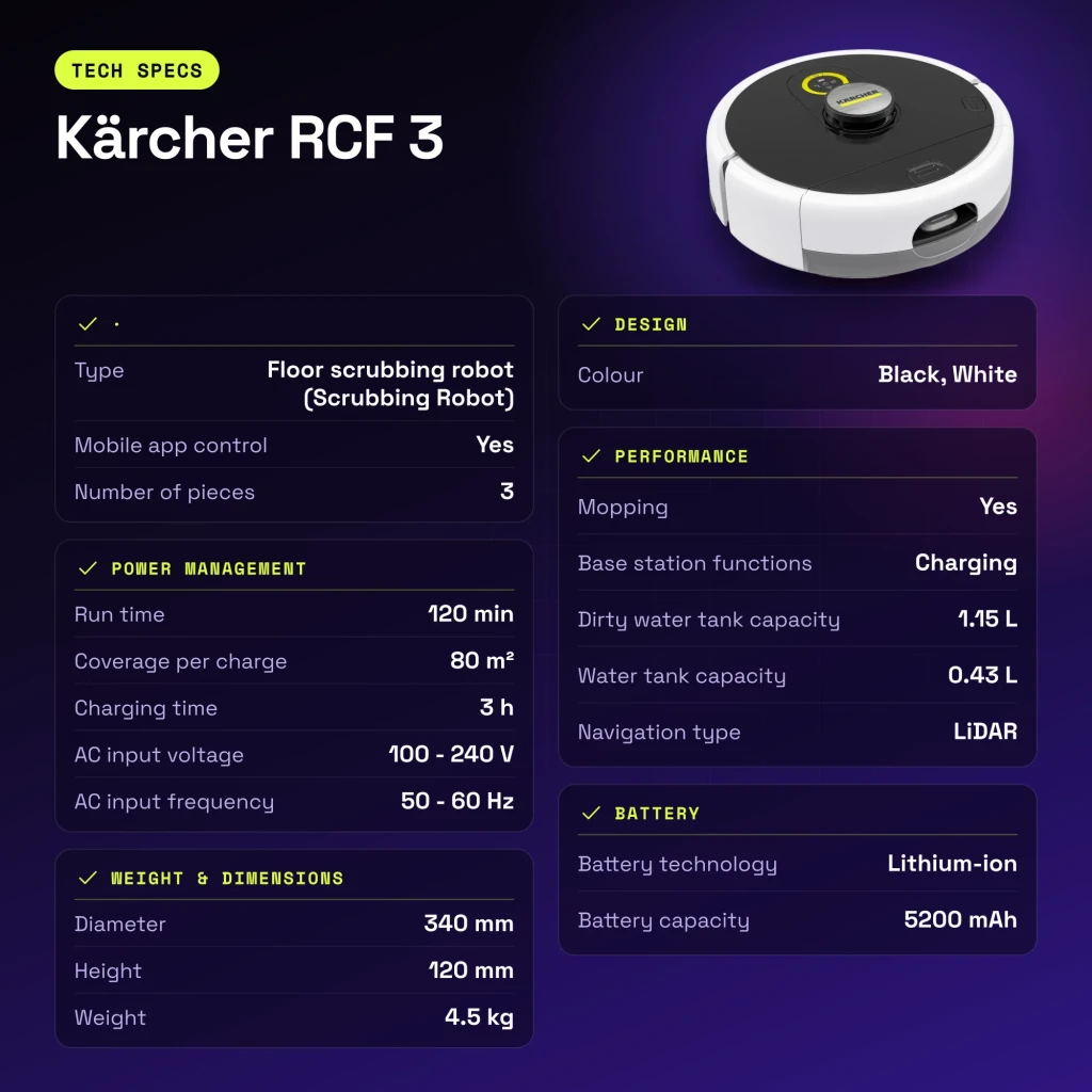 Robot friegasuelos Kärcher RCF 3 LiDAR Fregado 120min - características