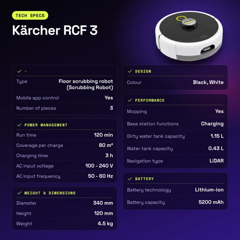 Robot friegasuelos Kärcher RCF 3 LiDAR Fregado 120min - características