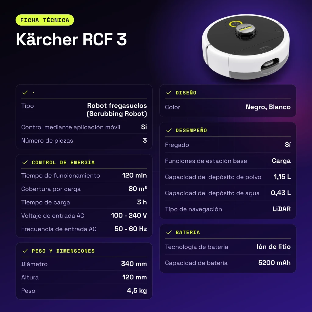 Robot friegasuelos Kärcher RCF 3 LiDAR Fregado 120min - características