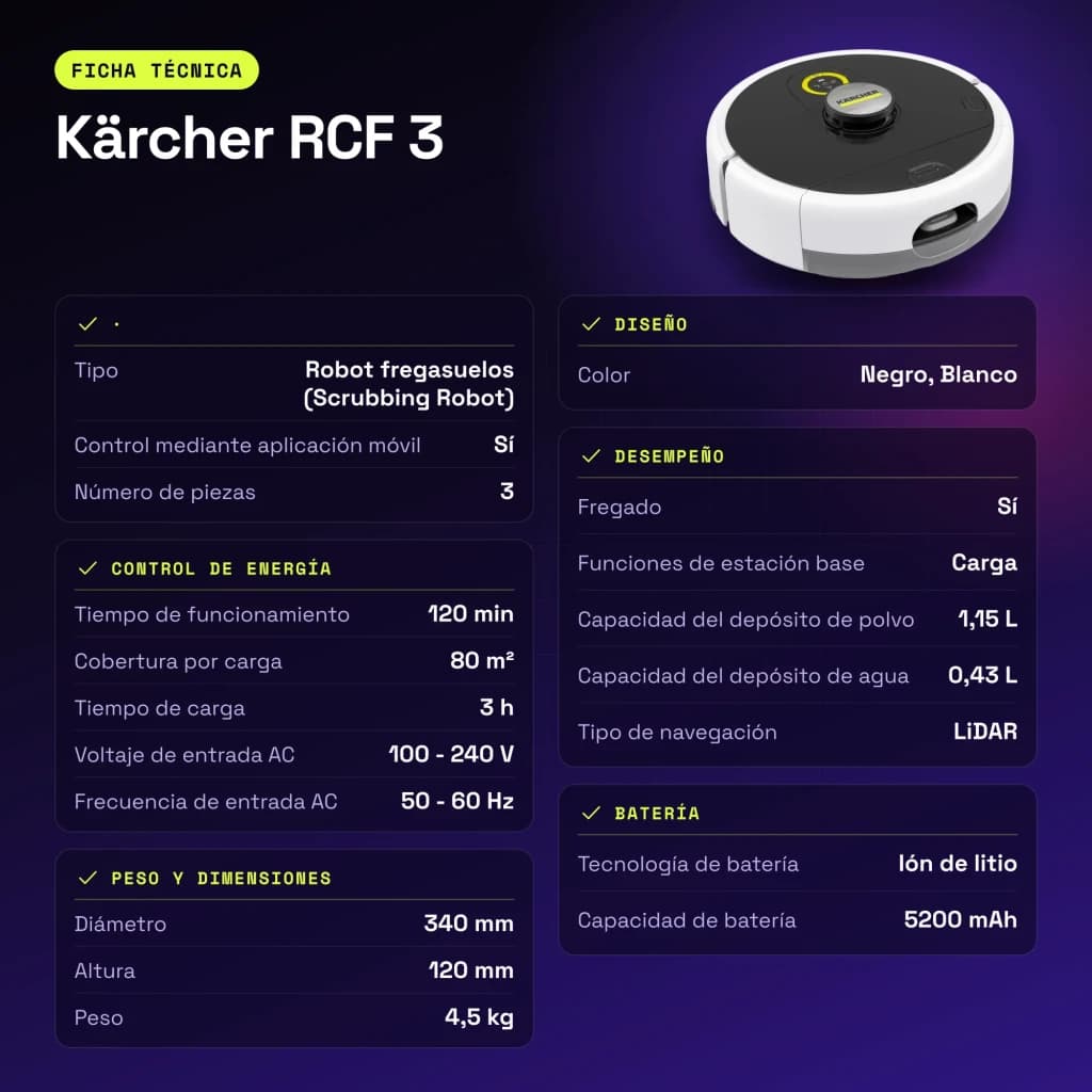 Robot friegasuelos Kärcher RCF 3 LiDAR Fregado 120min - características