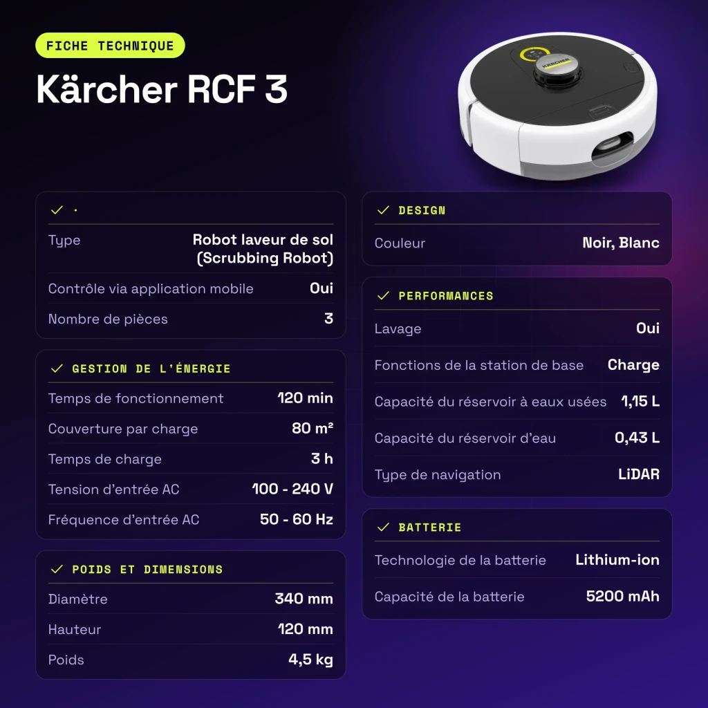 Robot friegasuelos Kärcher RCF 3 LiDAR Fregado 120min - características
