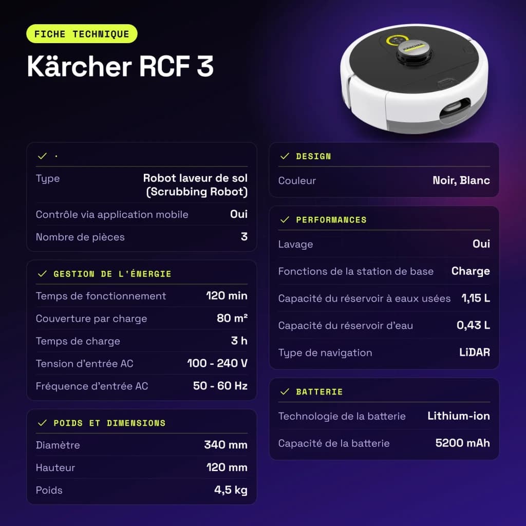 Robot friegasuelos Kärcher RCF 3 LiDAR Fregado 120min - características