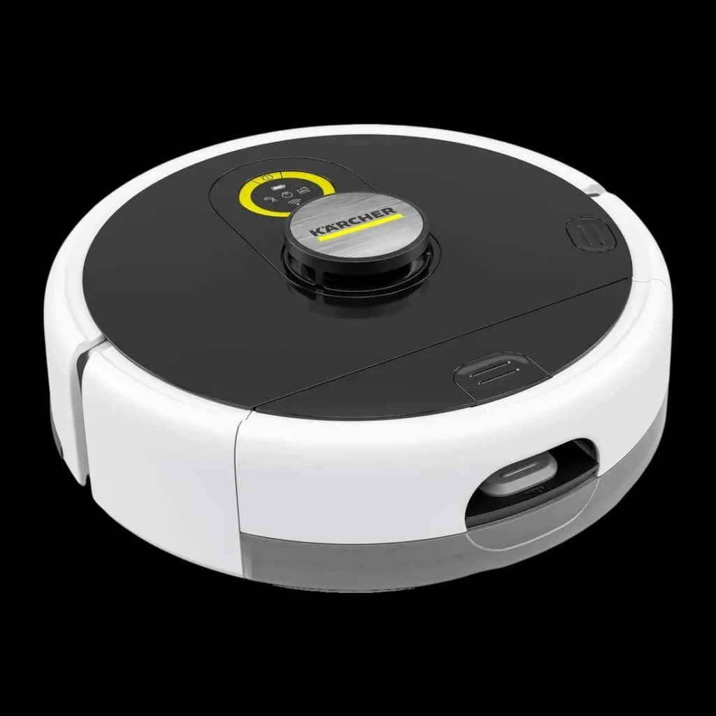 Robot friegasuelos Kärcher RCF 3 LiDAR Fregado 120min, vista superior en ángulo: cuerpo blanco y negro, sensor LiDAR central