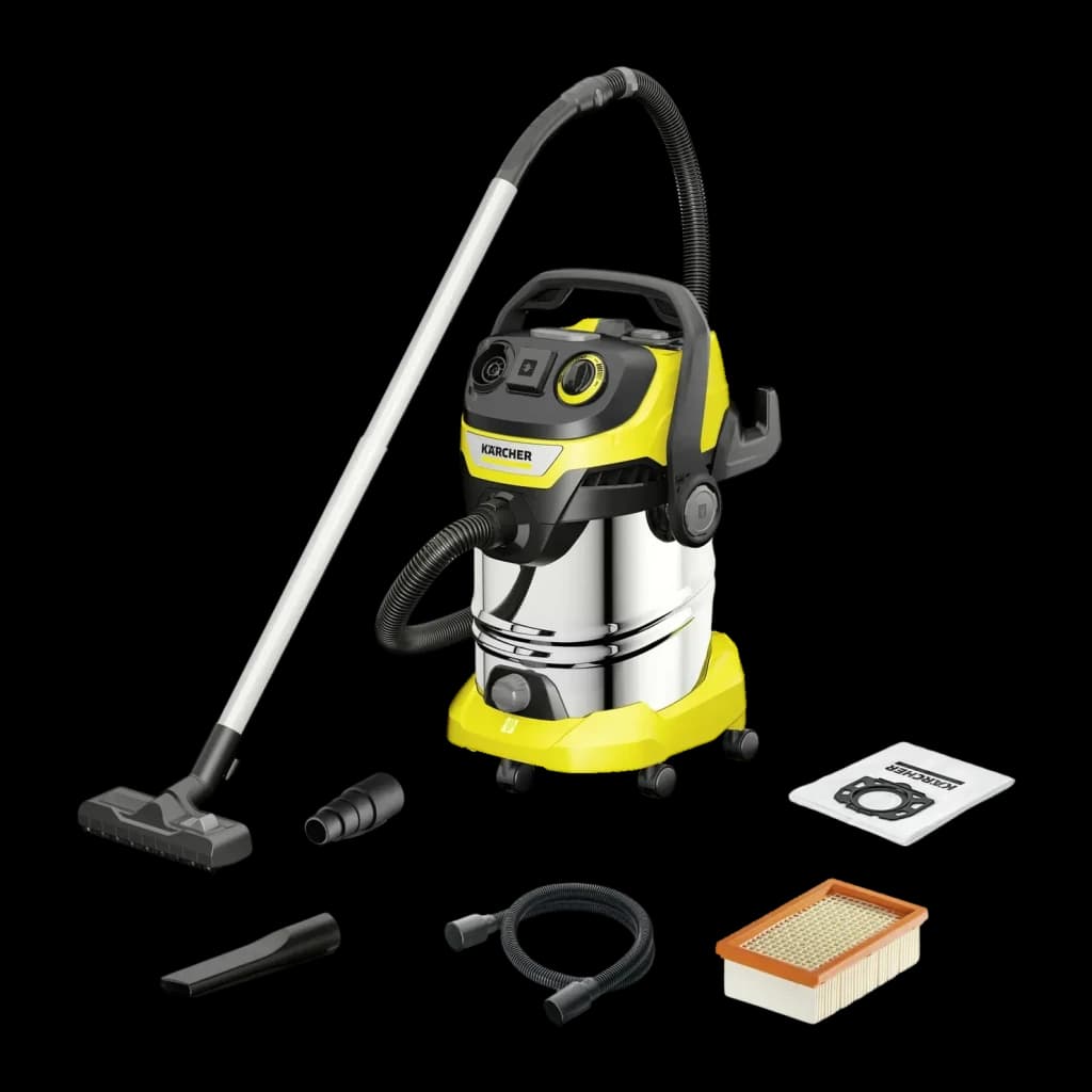 Aspirador sólidos y líquidos Kärcher WD 6 Premium P S 1300W V-30/6/22/T, vista conjunto: depósito inox amarillo