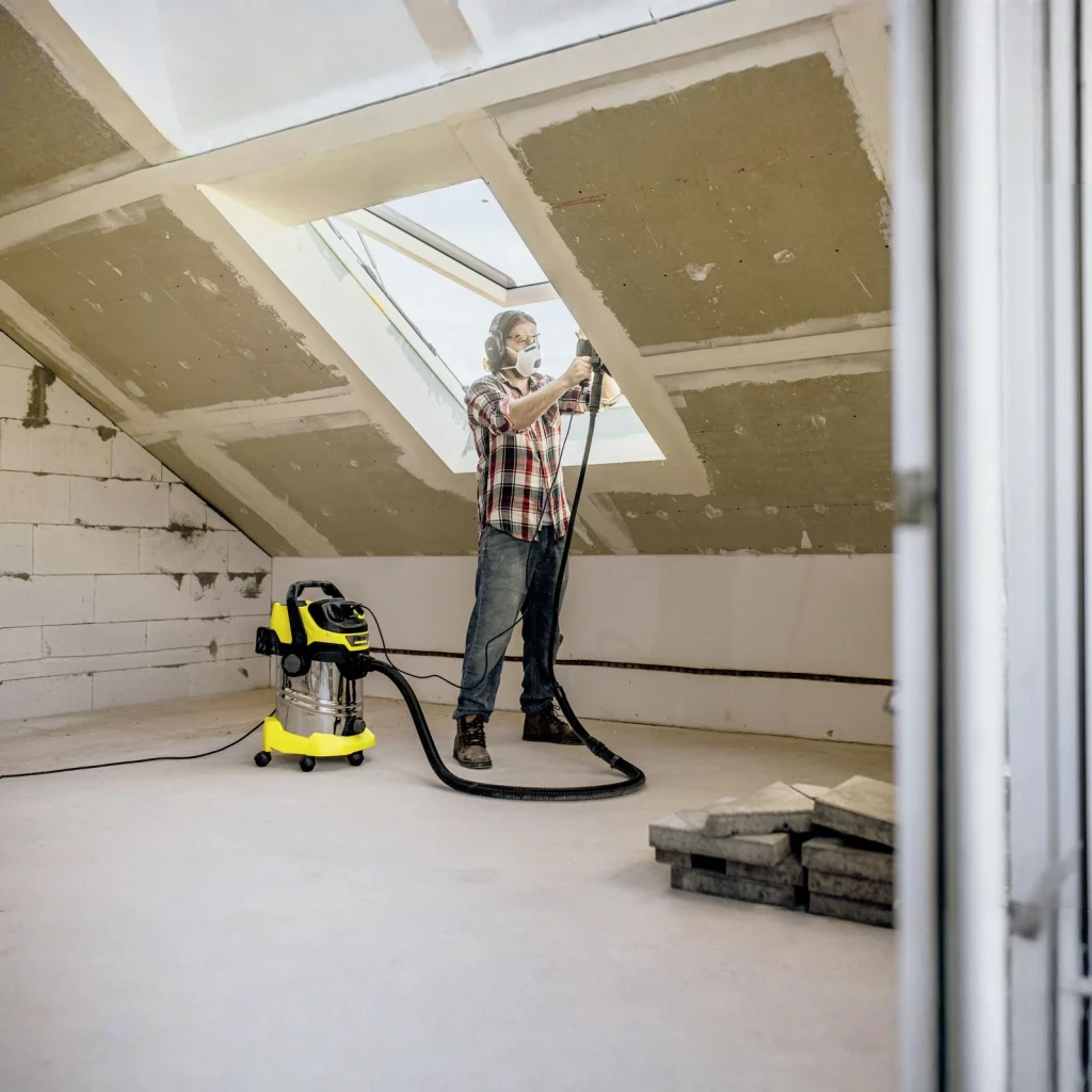 Aspirador sólidos y líquidos Kärcher WD 6 Premium P S 1300W V-30/6/22/T, en uso: operario lijando techo en obra conectado