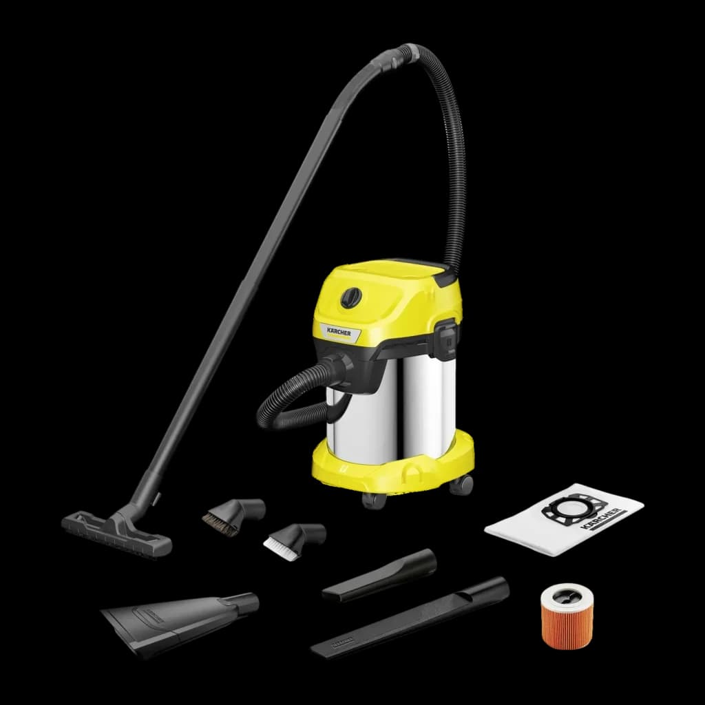 Aspiradora de tambor Kärcher WD 3 S V Amarillo 1000W, vista conjunto: depósito inox, tapa amarilla, manguera, accesorios