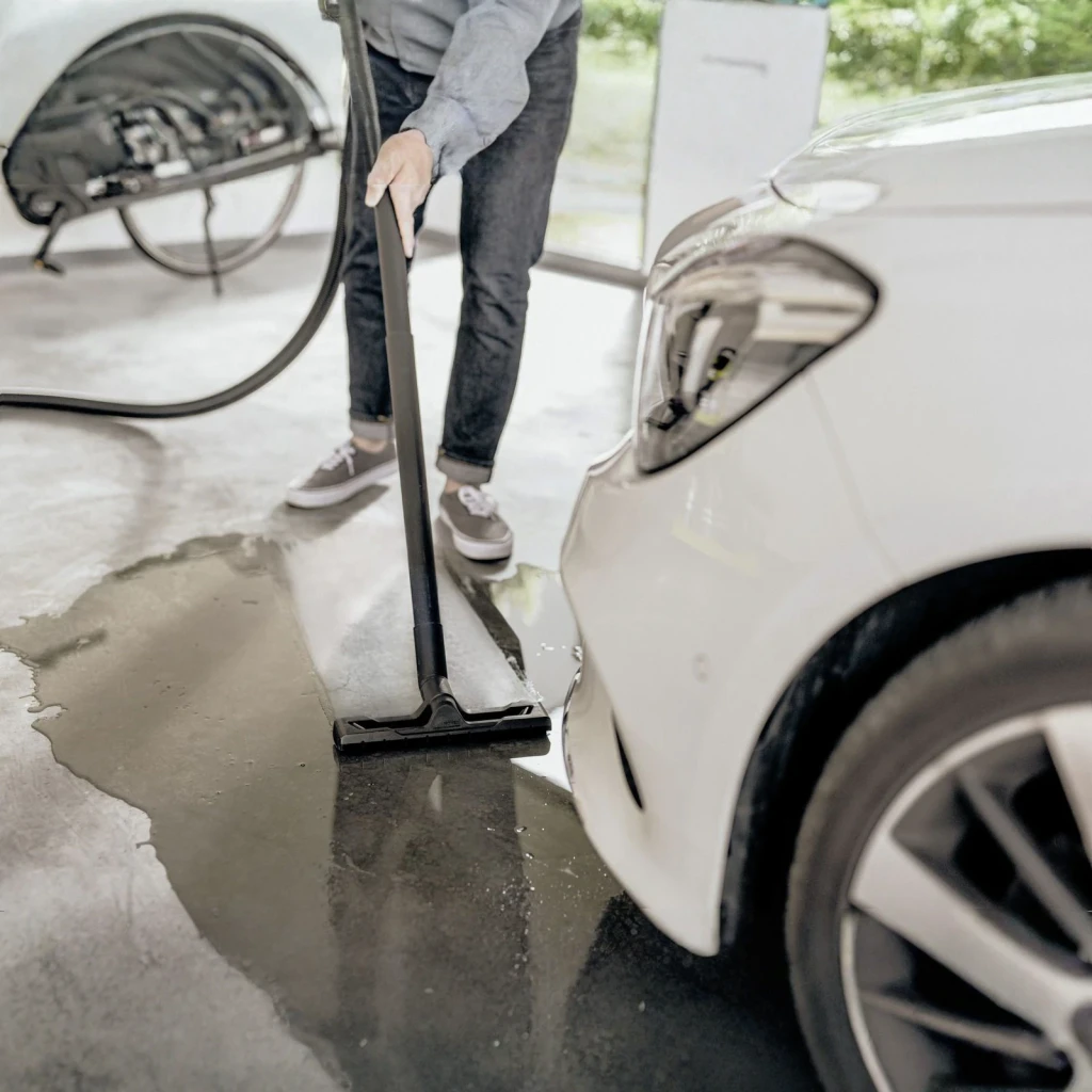 Aspiradora de tambor Kärcher WD 3 S V Amarillo 1000W, en uso: boquilla plana aspirando agua del suelo junto a un coche blanco