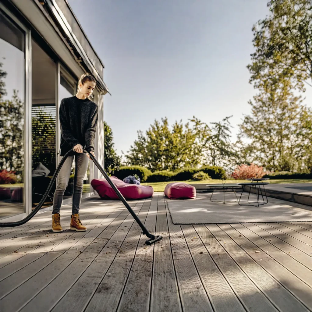 Aspiradora de tambor Kärcher WD 3 S V Amarillo 1000W, en uso: mujer aspirando hojas en terraza de madera exterior