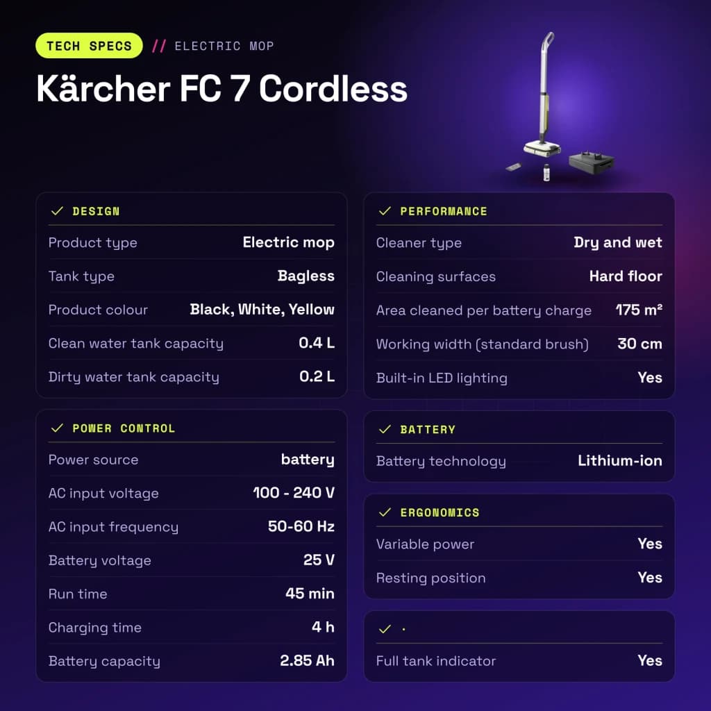Fregona eléctrica Kärcher FC 7 Cordless Blanco Fregado húmedo y seco Sin Cable 45min - características
