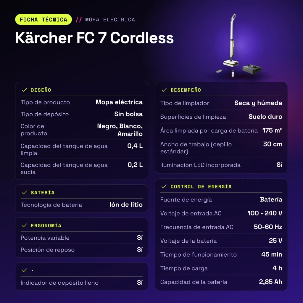 Fregona eléctrica Kärcher FC 7 Cordless Blanco Fregado húmedo y seco Sin Cable 45min - características