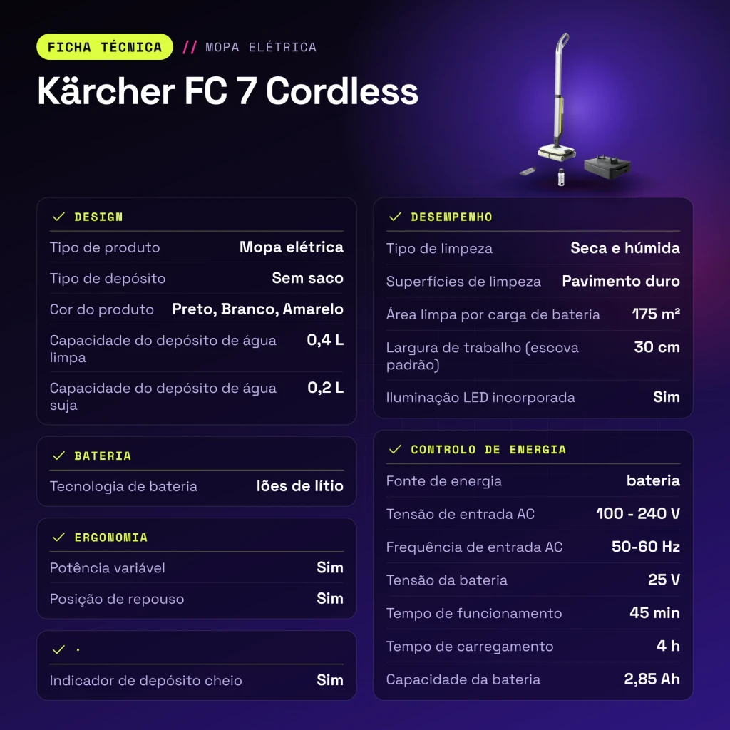 Fregona eléctrica Kärcher FC 7 Cordless Blanco Fregado húmedo y seco Sin Cable 45min - características