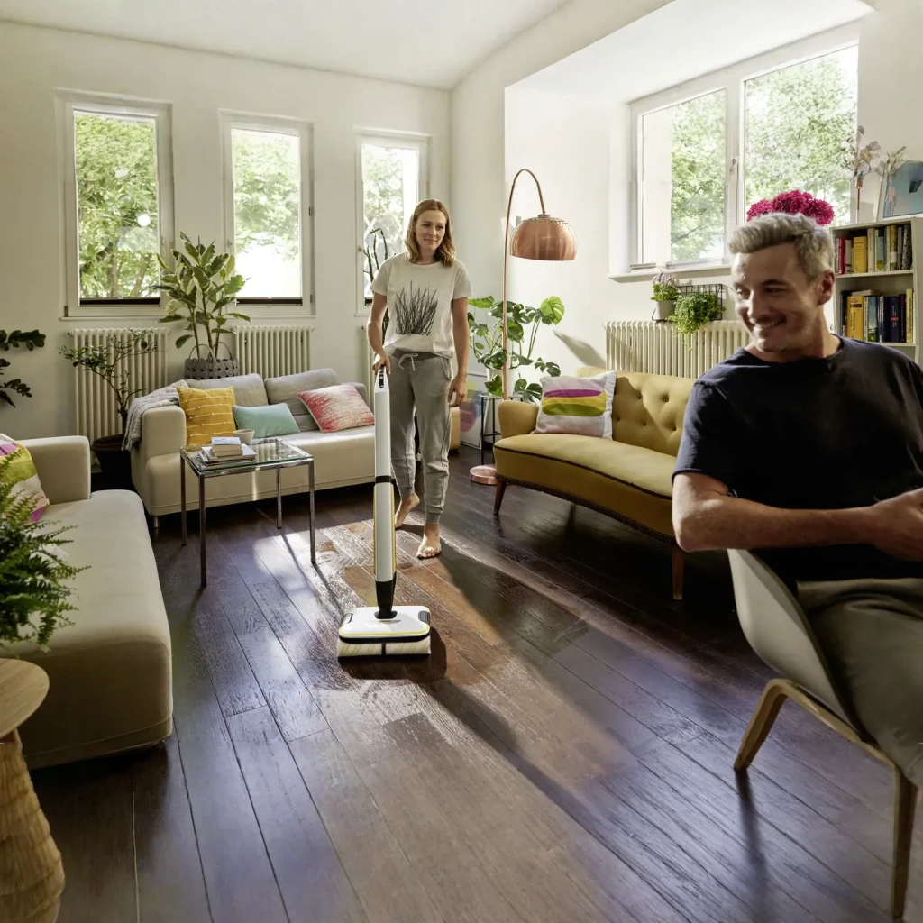 Fregona eléctrica Kärcher FC 7 Cordless Blanco Fregado húmedo y seco Sin Cable 45min, en uso: mujer fregando suelo de madera