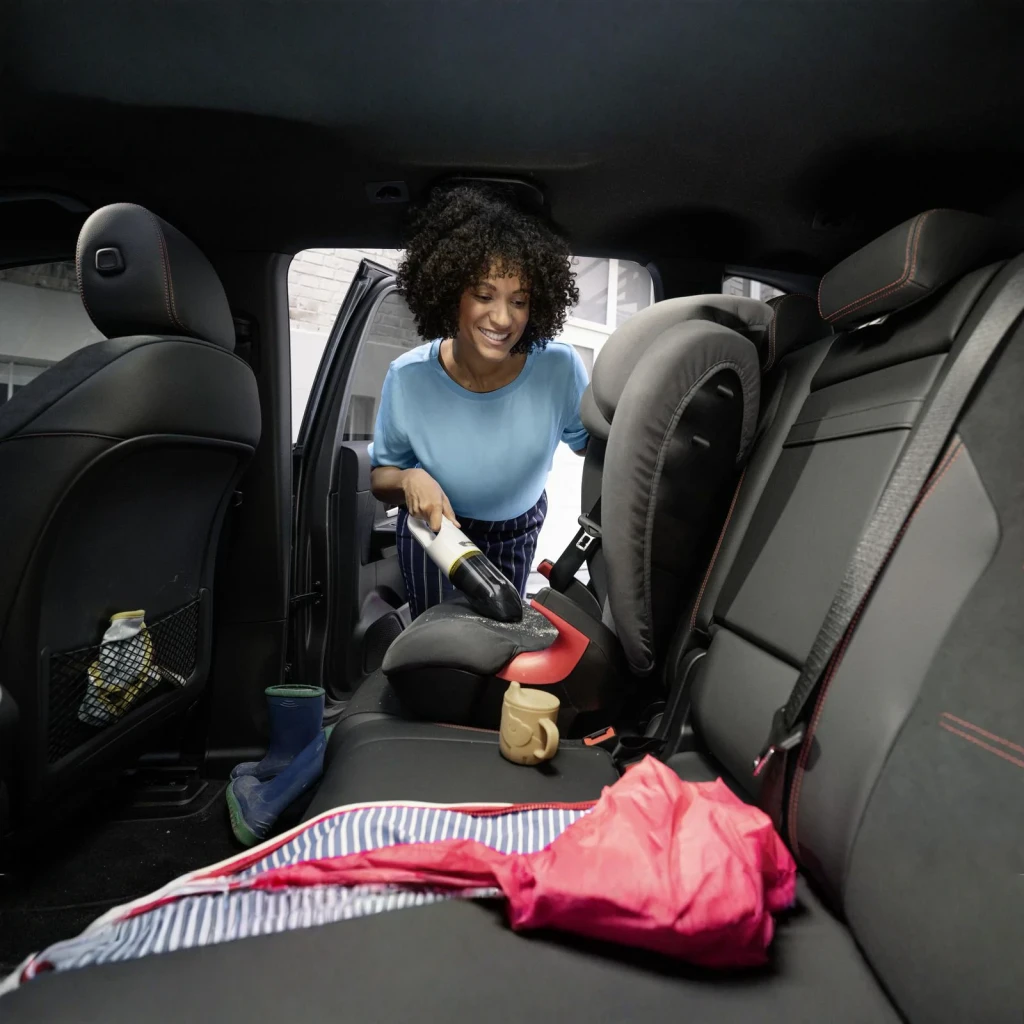 Aspiradora de mano Kärcher CVH 2 Negro/Blanco Sin Cable 7,2V Li-Ion 20min, en uso: mujer aspira asiento trasero de coche