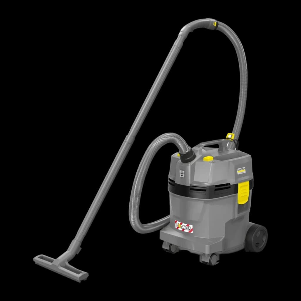 Aspiradora Industrial Kärcher NT 22/1 Ap L 25,5 kPa 1300W, vista lateral: cuerpo gris con detalles amarillos, manguera