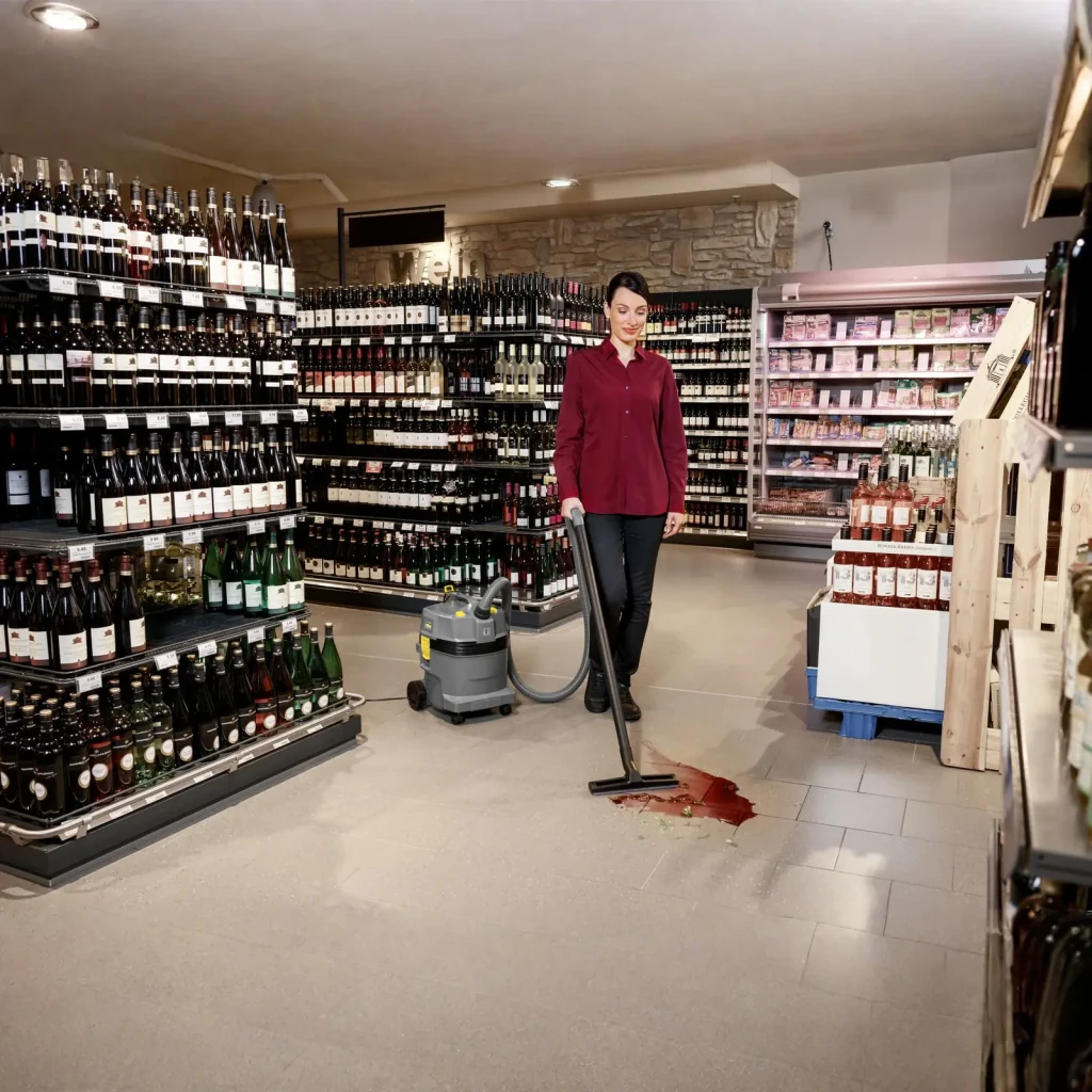 Aspiradora Industrial Kärcher NT 22/1 Ap L 25,5 kPa 1300W, en uso: mujer aspira vino derramado en suelo de tienda