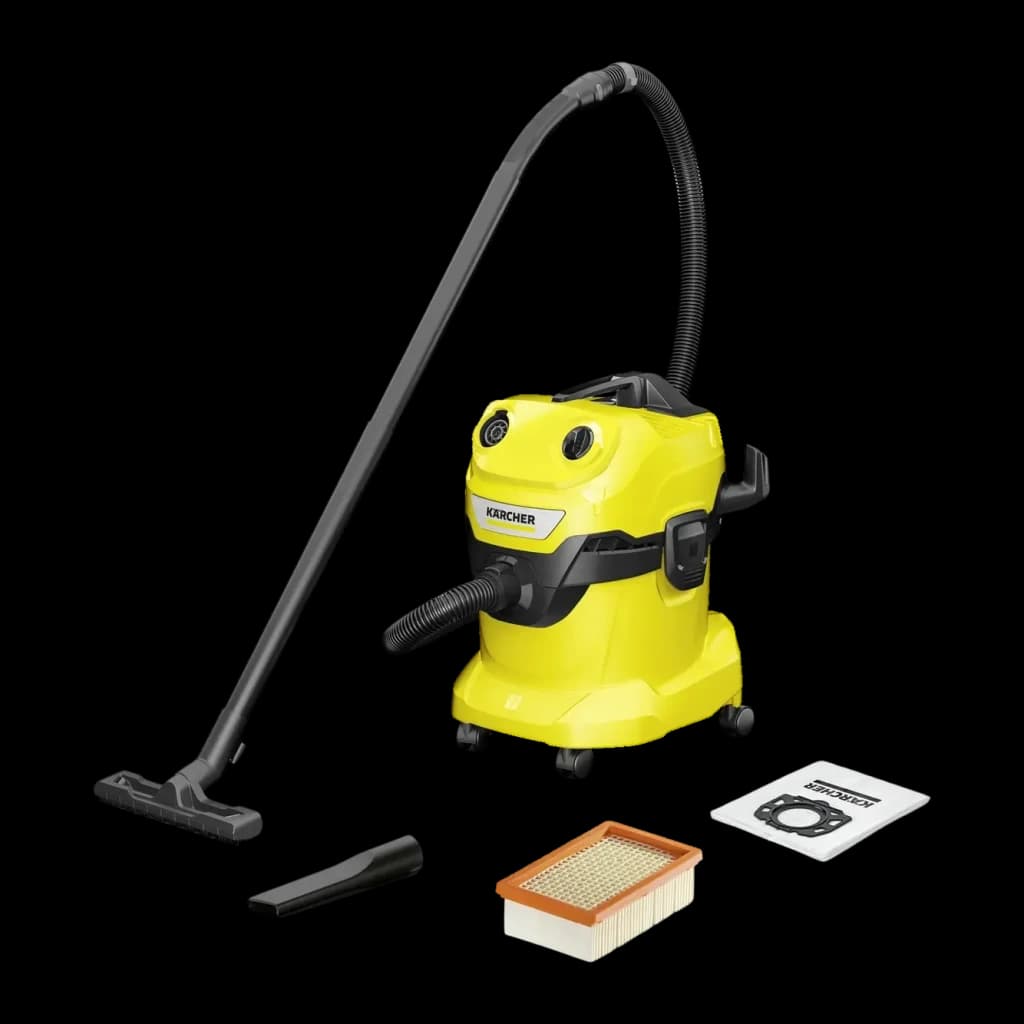 Aspiradora en Seco y Húmedo Kärcher WD 4 Amarillo 1000W V-20/5/22, vista principal: depósito amarillo con ruedas, manguera