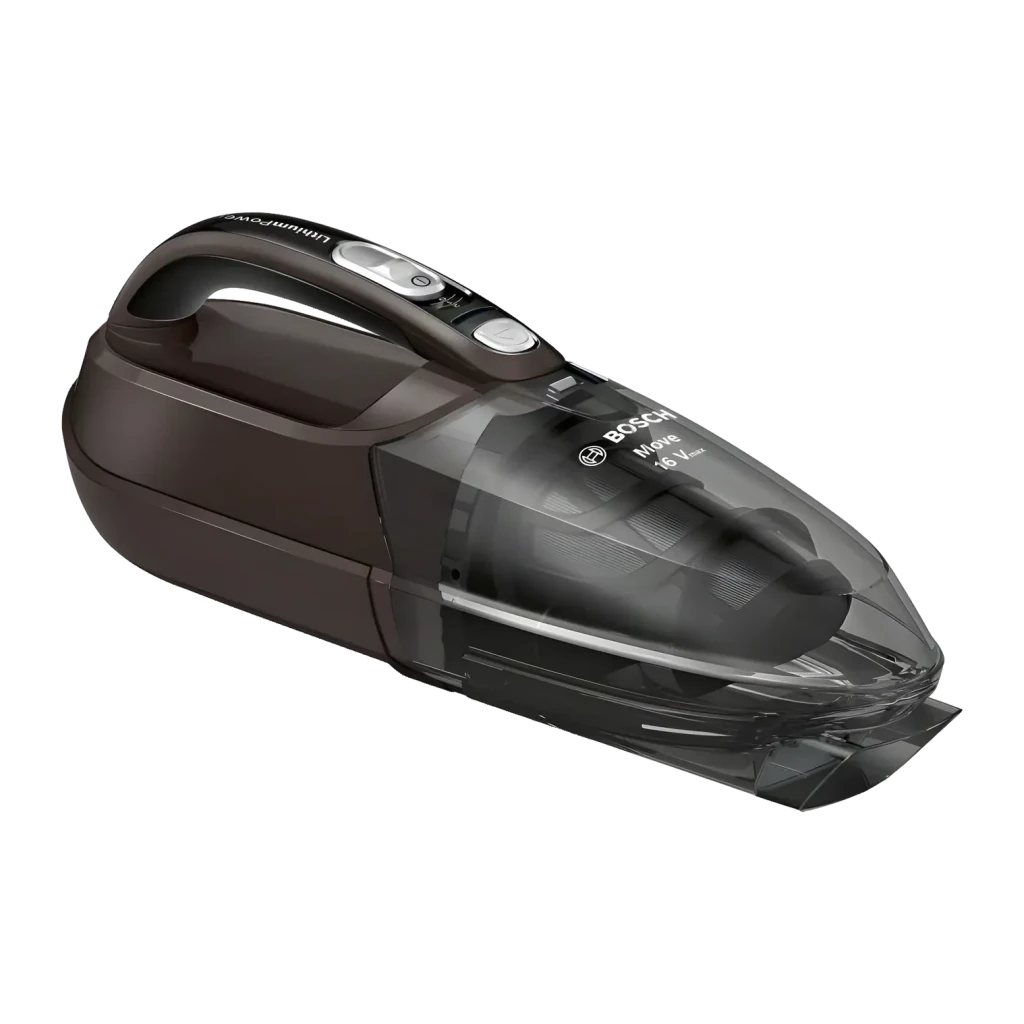 Aspirateur à main Bosch Move Lithium Gris Sans fil 40min BHN16L, vue latérale: réservoir transparent, bouton marche et logo