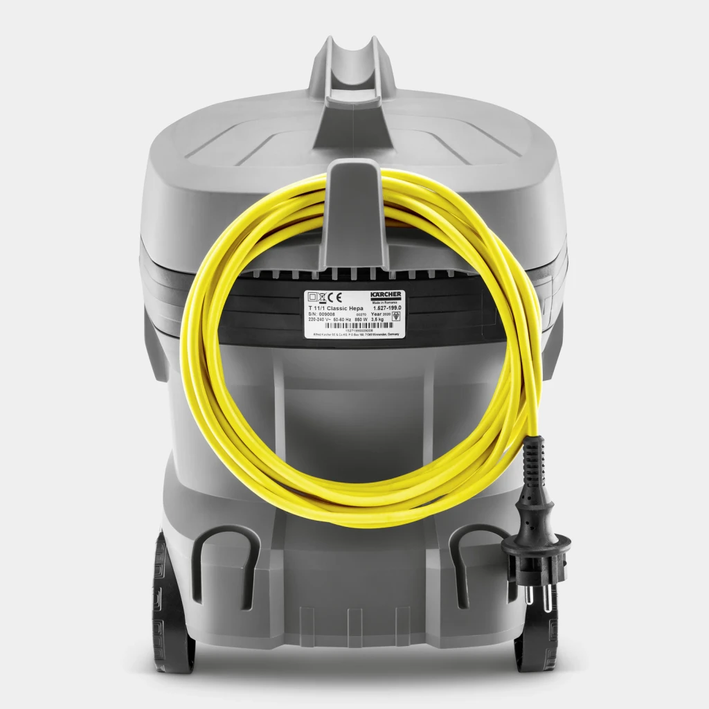 Aspiradora Kärcher T 11/1 Classic HEPA Gris 23,5kPa 850W, vista trasera: cable amarillo enrollado en soporte y ruedas