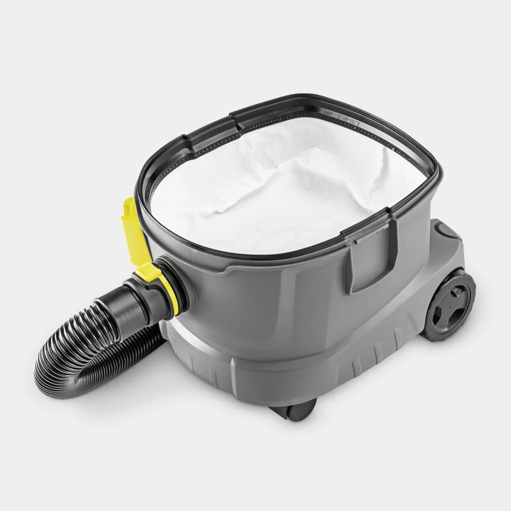 Aspiradora Kärcher T 11/1 Classic HEPA Gris 23,5kPa 850W, vista superior: depósito abierto con bolsa filtrante blanca