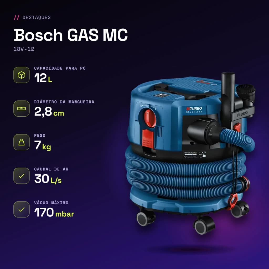 Aspiradora Bosch GAS MC Azul Sin Cable 170mbar 18V-12 - características