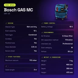 Aspiradora Bosch GAS MC Azul Sin Cable 170mbar 18V-12 - características