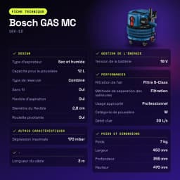 Aspiradora Bosch GAS MC Azul Sin Cable 170mbar 18V-12 - características