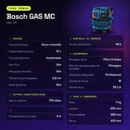 Aspiradora Bosch GAS MC Azul Sin Cable 170mbar 18V-12 - características