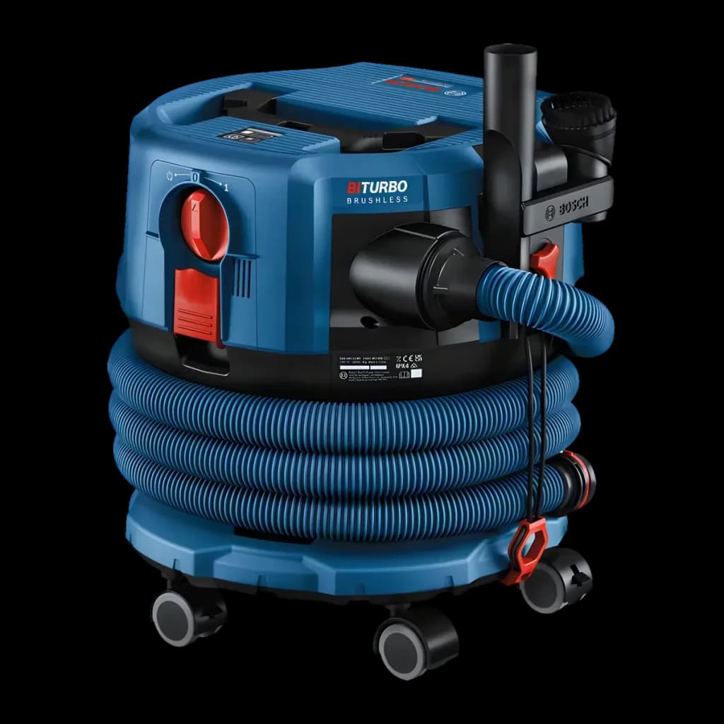 Aspiradora Bosch GAS MC Azul Sin Cable 170mbar 18V-12, vista frontal: cuerpo azul BiTurbo Brushless, manguera enrollada