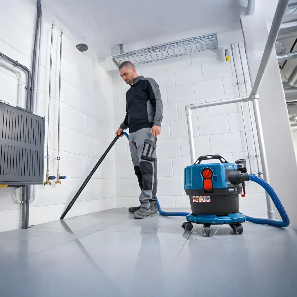 Aspiradora Bosch GAS MC Azul Sin Cable 170mbar 18V-12, en uso: operario aspira suelo de local técnico con manguera azul