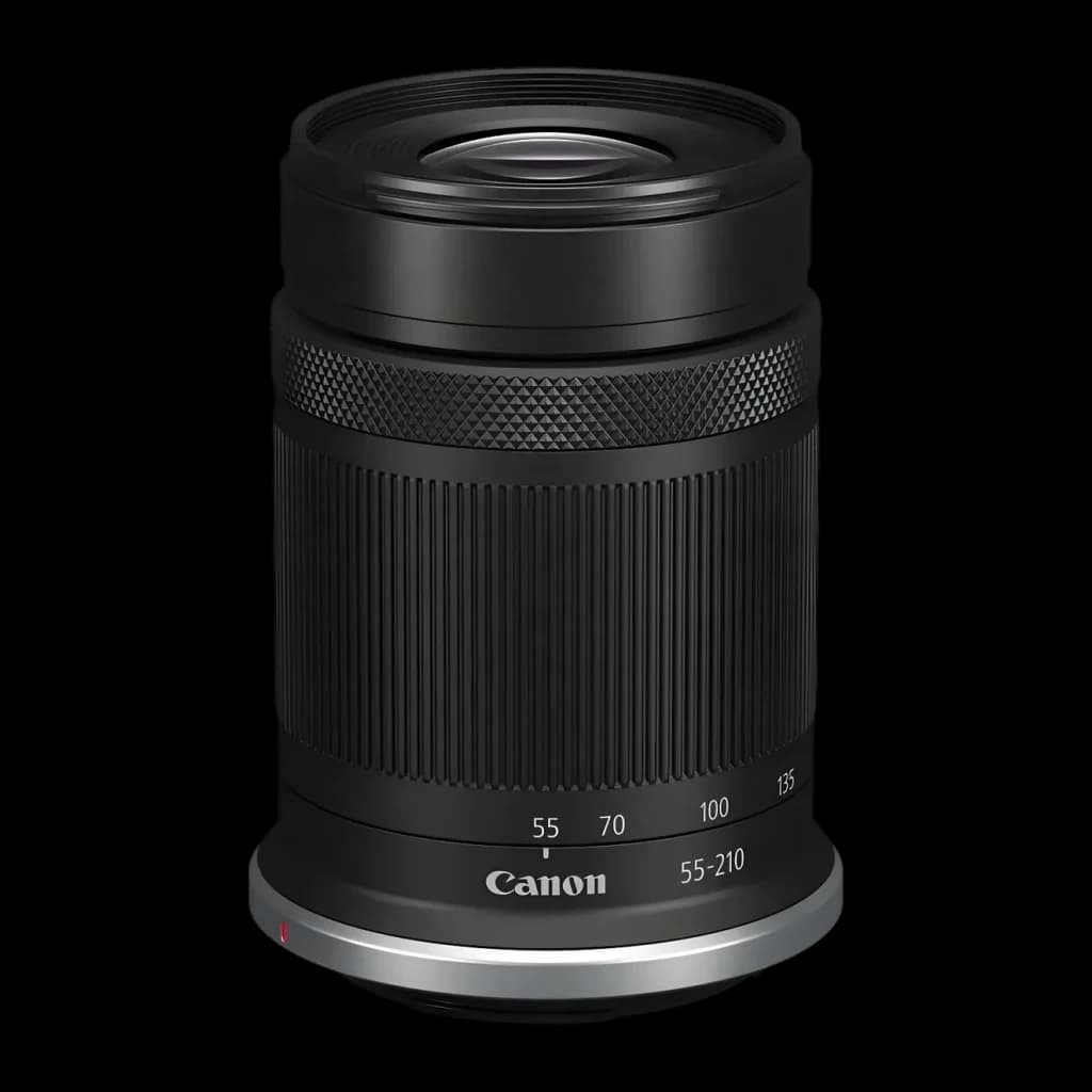 Objectif photo Canon RF-S 55-210mm IS STM Noir APS-C F5-7.1, vue avant: fût strié, bague zoom avec échelle focale et monture