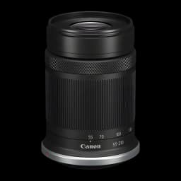 Objectif photo Canon RF-S 55-210mm IS STM Noir APS-C F5-7.1, vue avant: fût strié, bague zoom avec échelle focale et monture