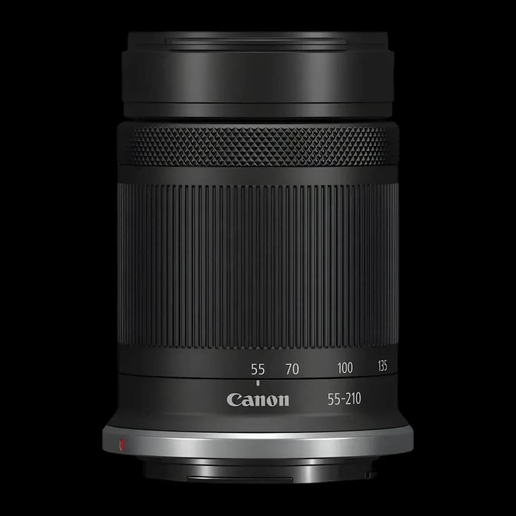 Objectif photo Canon RF-S 55-210mm IS STM Noir APS-C F5-7.1, vue avant: bague zoom avec échelle focale 55-210 et monture