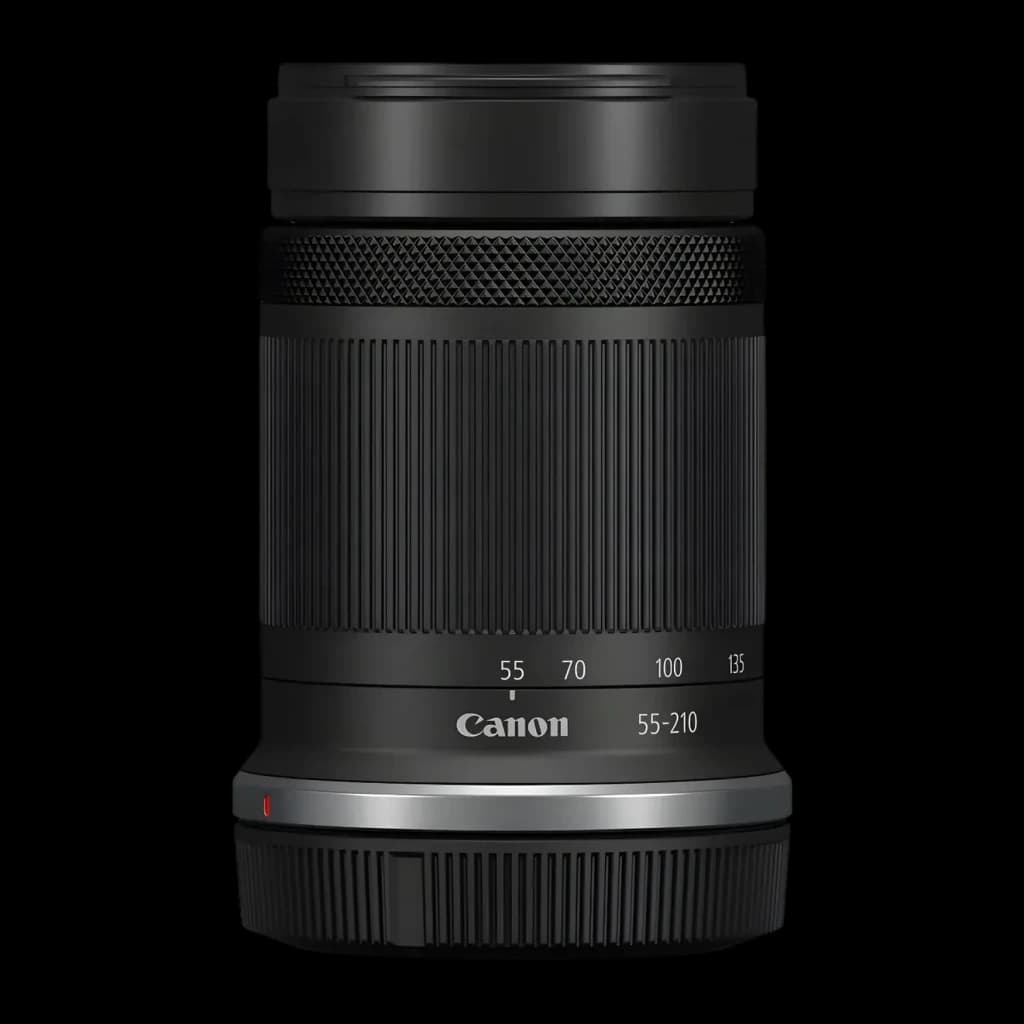 Objectif photo Canon RF-S 55-210mm IS STM Noir APS-C F5-7.1, vue avant: bague zoom striée, graduation focale 55-135mm