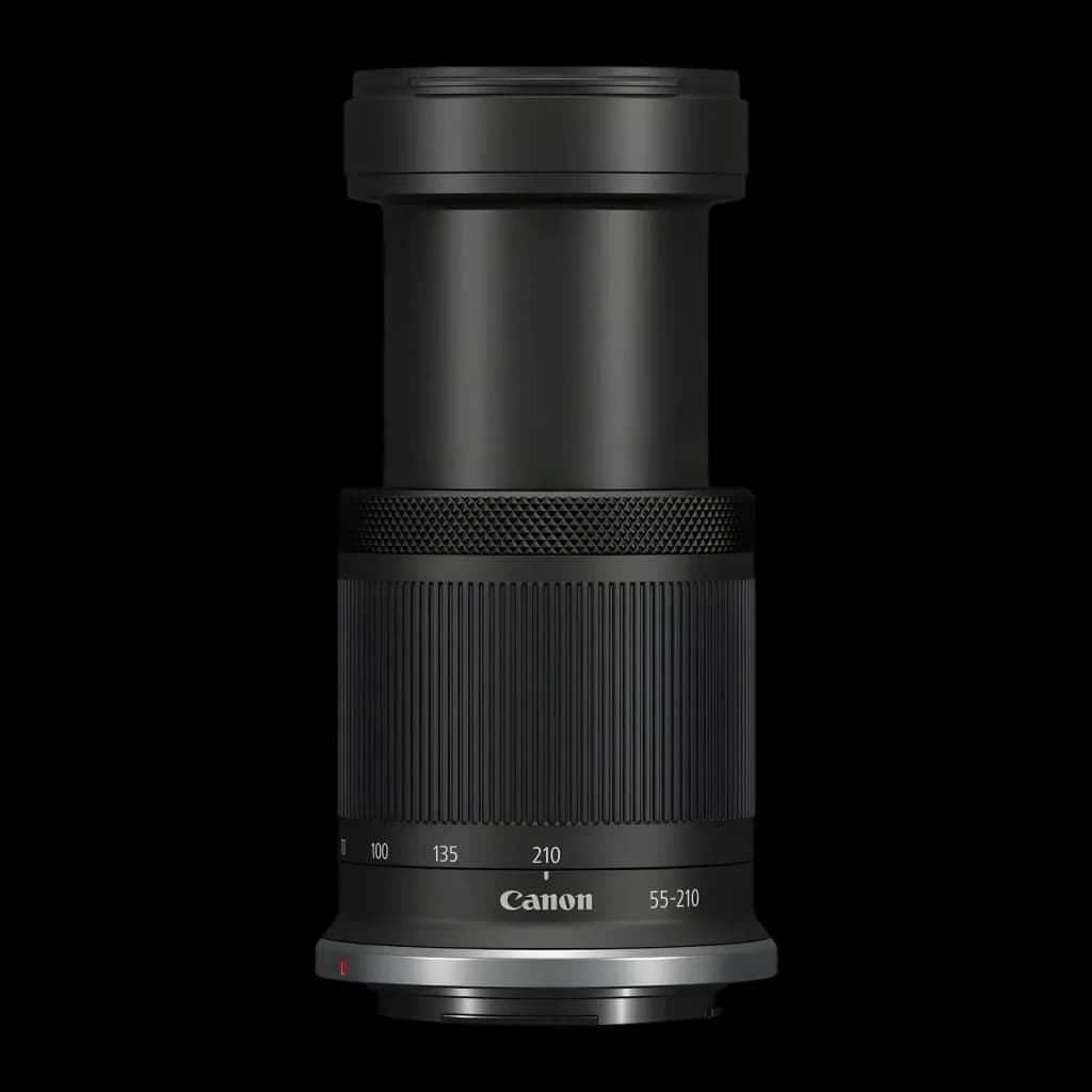 Objectif photo Canon RF-S 55-210mm IS STM Noir APS-C F5-7.1, vue avant: fût étendu avec bague zoom, graduation focale