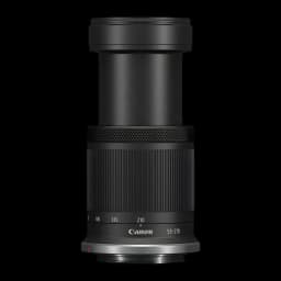 Objectif photo Canon RF-S 55-210mm IS STM Noir APS-C F5-7.1, vue avant: fût étendu avec bague zoom, graduation focale