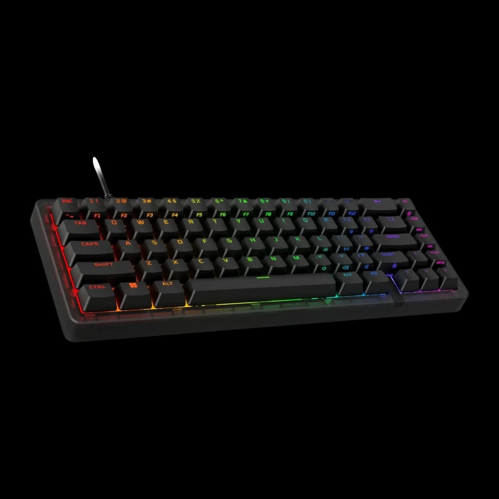 Teclado Gaming HyperX Alloy Origins 2 65% Mecánico Switch Red RGB Layout ES Negro, vista frontal en ángulo: iluminación RGB