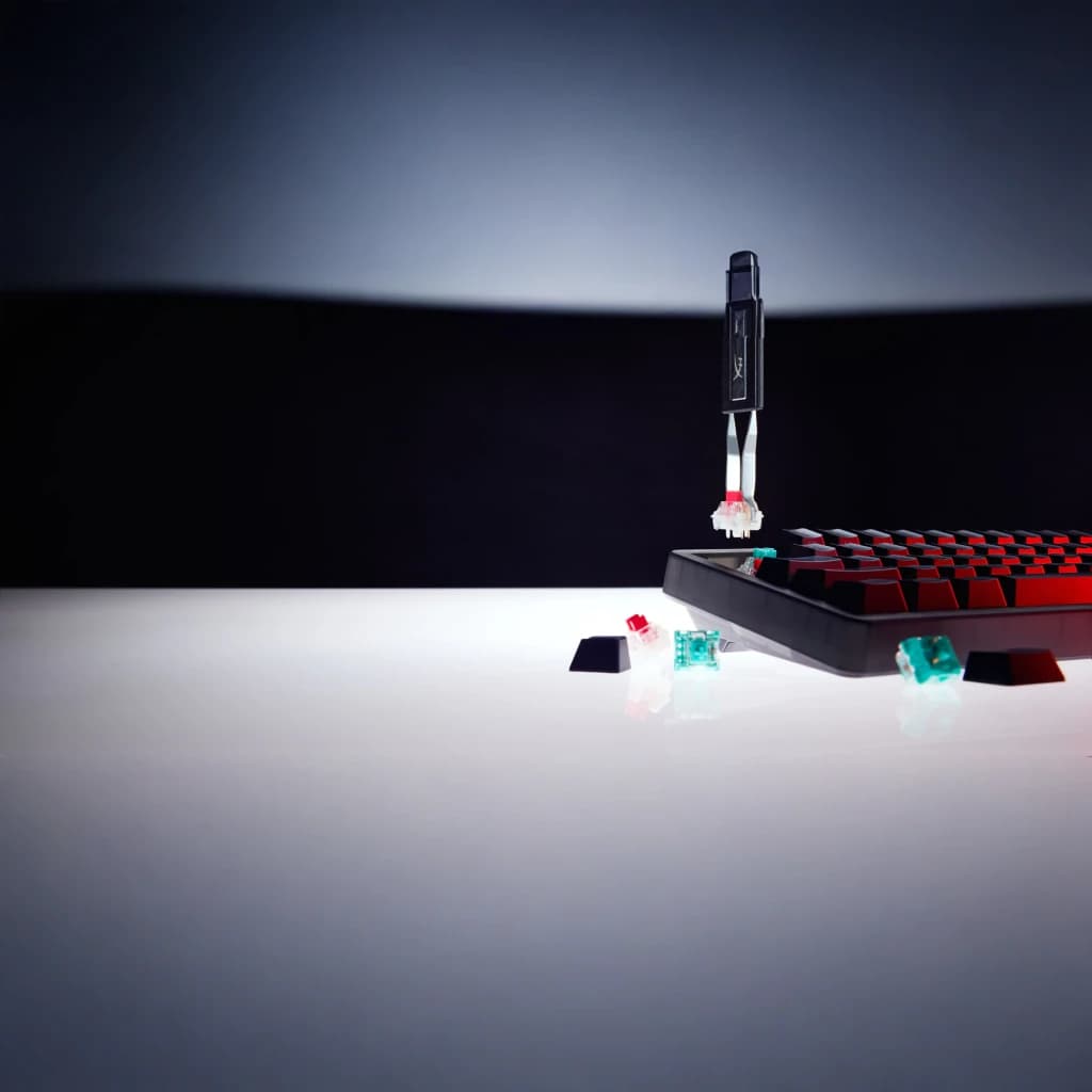 Teclado Gaming HyperX Alloy Origins 2 65% Mecánico Switch Red RGB Layout ES Negro, en uso: extractor extrayendo switch