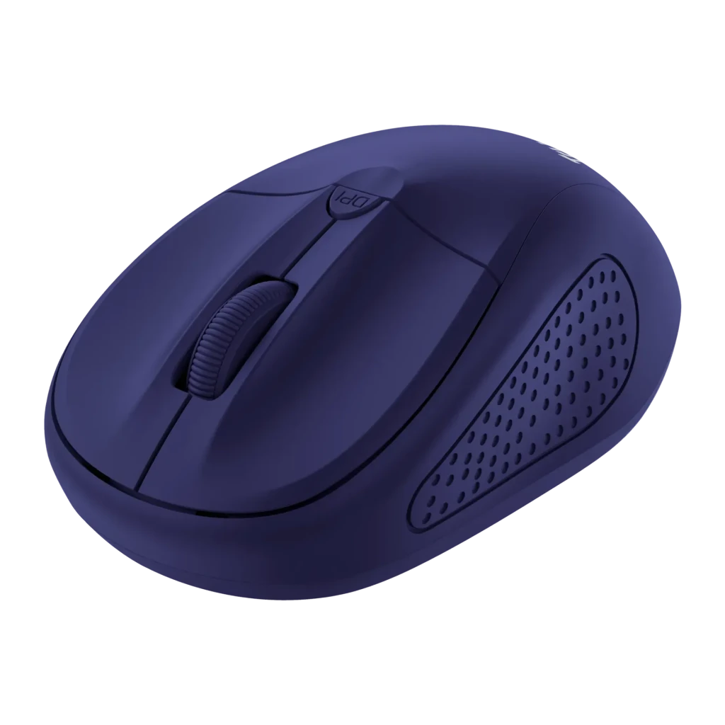 Rato Trust Primo Wireless Azul Escuro Sem Fios 2,4GHz, vista superior em ângulo: roda DPI, textura perfurada no lado direito