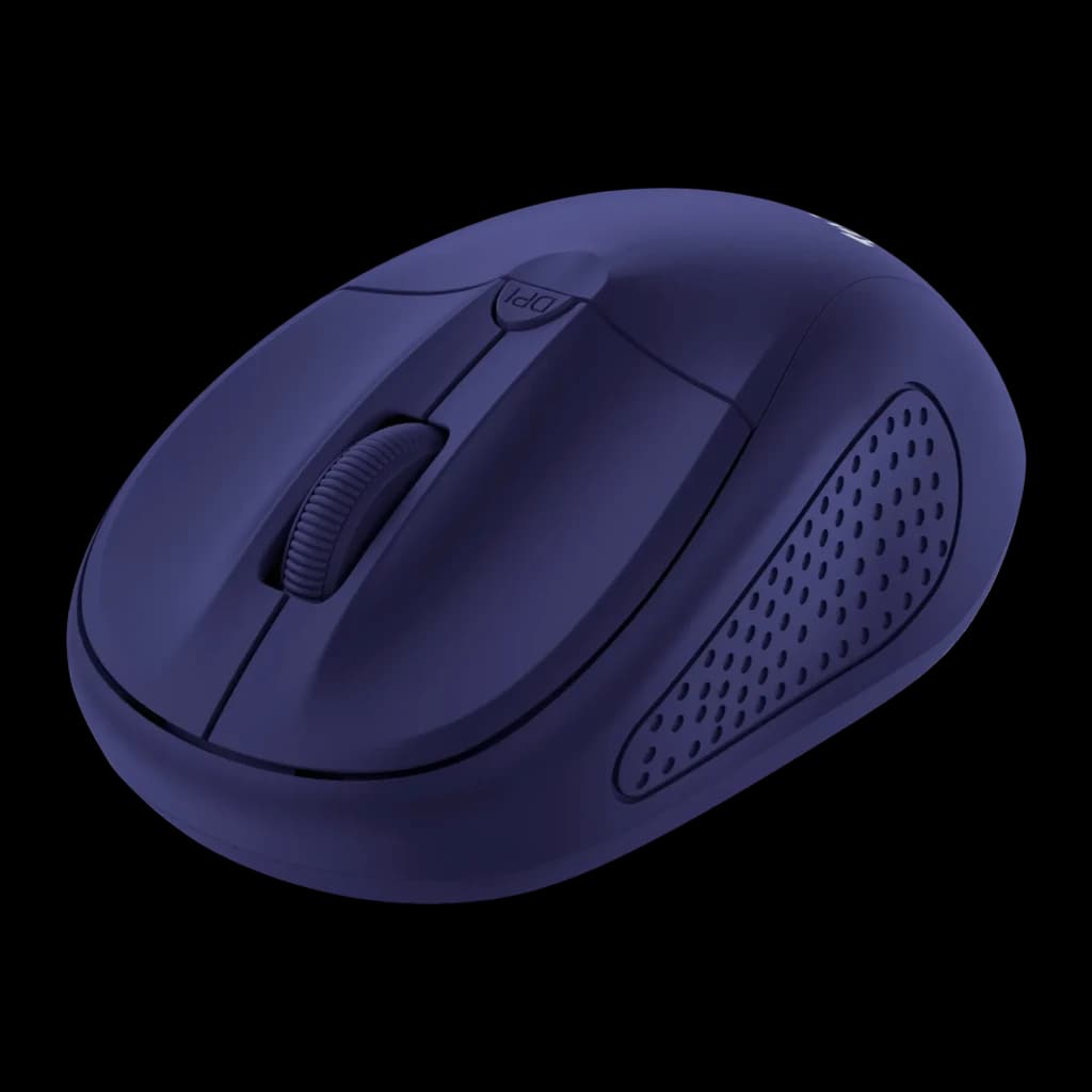 Rato Trust Primo Wireless Azul Escuro Sem Fios 2,4GHz, vista superior em ângulo: roda DPI, textura perfurada no lado direito
