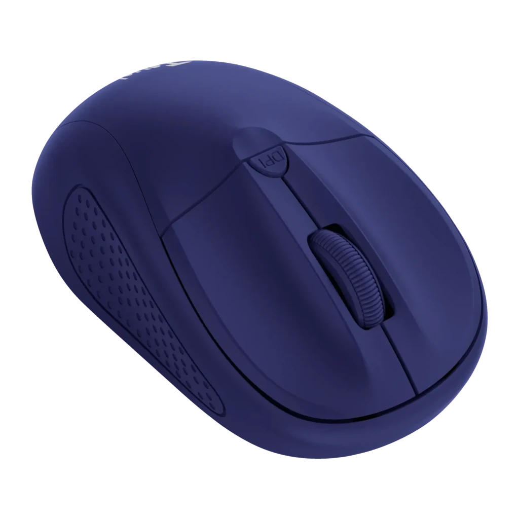 Rato Trust Primo Wireless Azul Escuro Sem Fios 2,4GHz, vista superior: roda de scroll, botão DPI e textura lateral