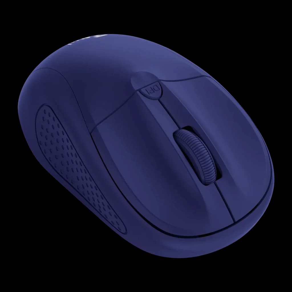 Rato Trust Primo Wireless Azul Escuro Sem Fios 2,4GHz, vista superior: roda de scroll, botão DPI e textura lateral