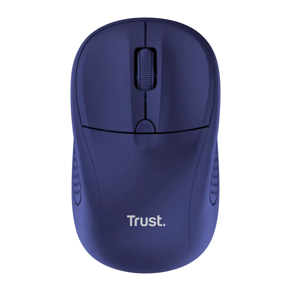 Rato Trust Primo Wireless Azul Escuro Sem Fios 2,4GHz, vista superior: roda de scroll, botão DPI e logótipo Trust visíveis