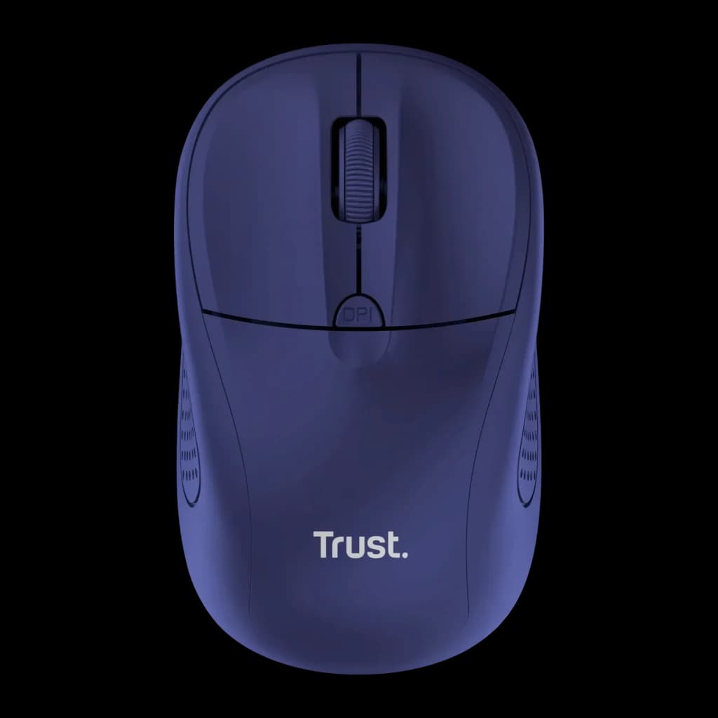 Rato Trust Primo Wireless Azul Escuro Sem Fios 2,4GHz, vista superior: roda de scroll, botão DPI e logótipo Trust visíveis
