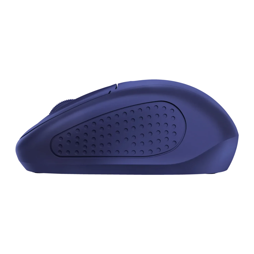 Rato Trust Primo Wireless Azul Escuro Sem Fios 2,4GHz, vista lateral: painel texturizado com pontos em relevo e perfil