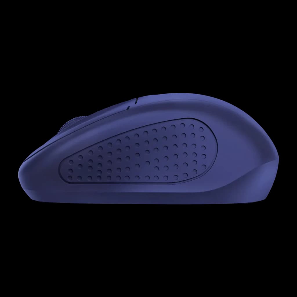 Rato Trust Primo Wireless Azul Escuro Sem Fios 2,4GHz, vista lateral: painel texturizado com pontos em relevo e perfil