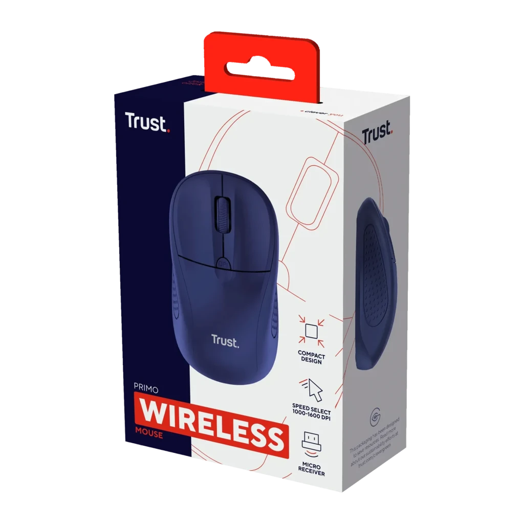 Rato Trust Primo Wireless Azul Escuro Sem Fios 2,4GHz, caixa: embalagem frontal em ângulo com rato ilustrado e especificações