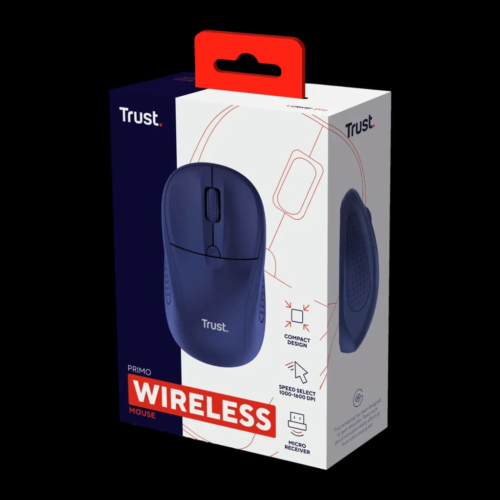 Rato Trust Primo Wireless Azul Escuro Sem Fios 2,4GHz, caixa: embalagem frontal em ângulo com rato ilustrado e especificações