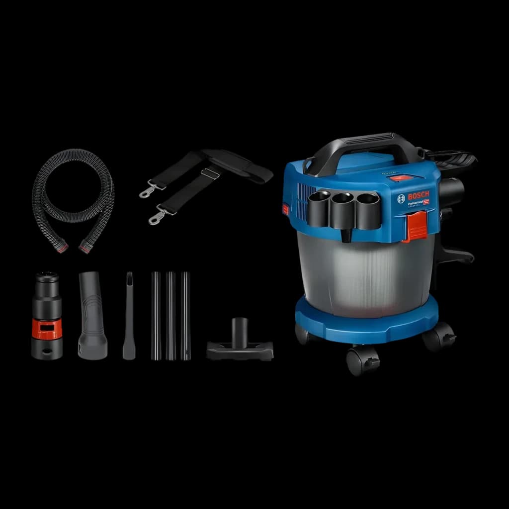 Aspirateur industriel Bosch GAS L Professional Noir/Bleu Sans Fil 90mbar Batterie 18V 18V-10, vue dessus avec accessoires