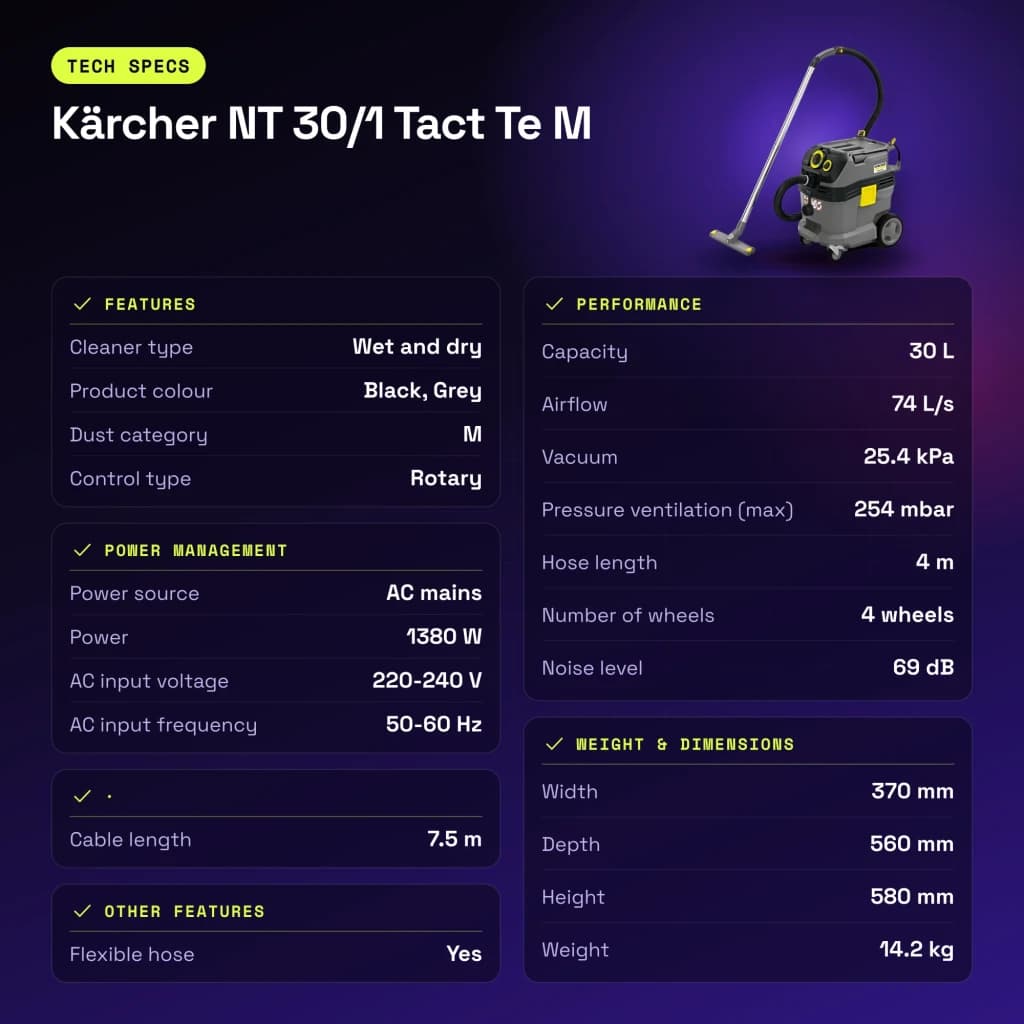 Aspirador Kärcher NT 30/1 Tact Te M Preto/Cinzento 25,4 kPa 1380W - características